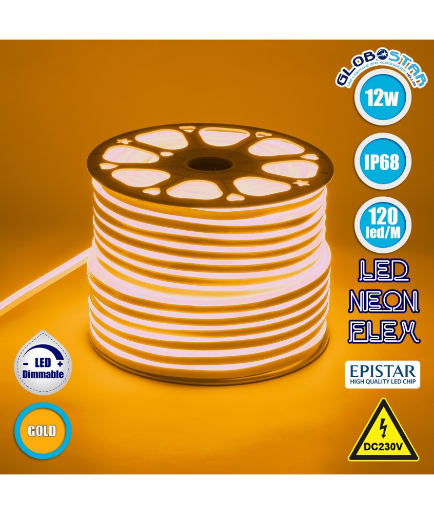 GLOBOSTAR® OVALE 70576 Ταινία Neon Flex LED 12W-m 720lm-m 120° DC 220-240V Αδιάβροχο IP65 120 x SMD2835 Chip-m Ultra Θερμό Λευκό 2200K Dimmable - Sanan SMD Chip - Μ100 x Π0.8 x Υ1.6cm - 3 Χρόνια Εγγύηση